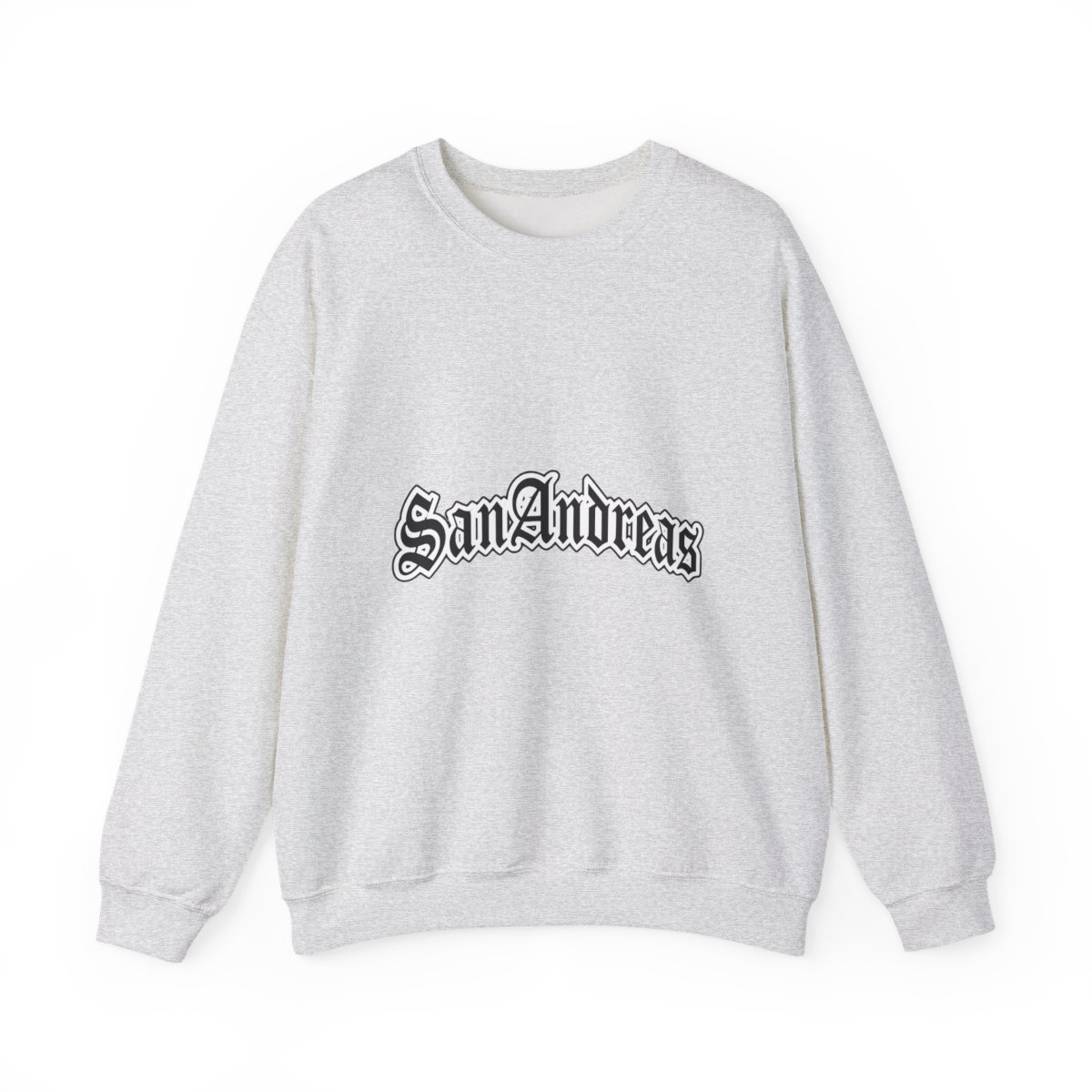 Black Sweatshirts featuring the white text "San Andreas" in a decorative font across the chest. The shirt has short sleeves and a crew neck. A small white tag is visible on the sleeve - alternate angle 5, merchandise