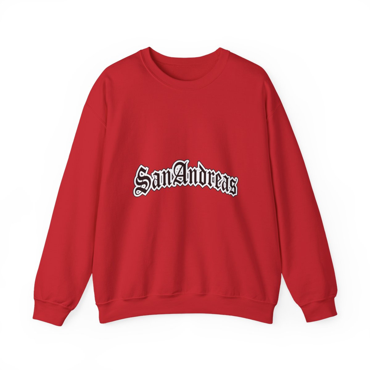 Black Sweatshirts featuring the white text "San Andreas" in a decorative font across the chest. The shirt has short sleeves and a crew neck. A small white tag is visible on the sleeve - alternate angle 2, merchandise