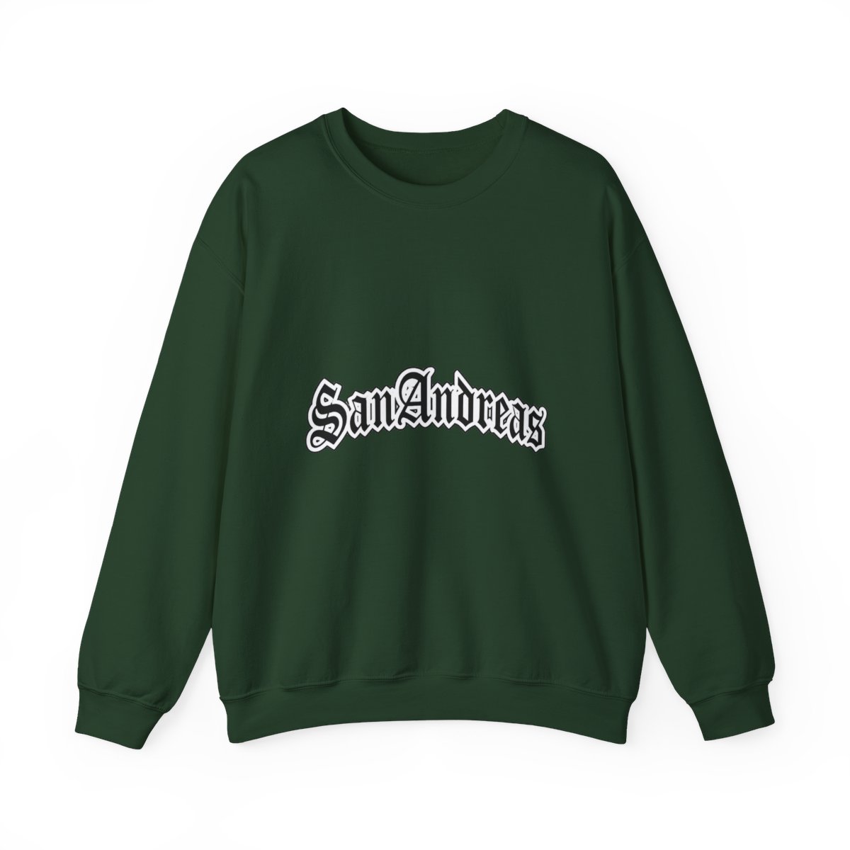 Black Sweatshirts featuring the white text "San Andreas" in a decorative font across the chest. The shirt has short sleeves and a crew neck. A small white tag is visible on the sleeve - alternate angle 4, merchandise