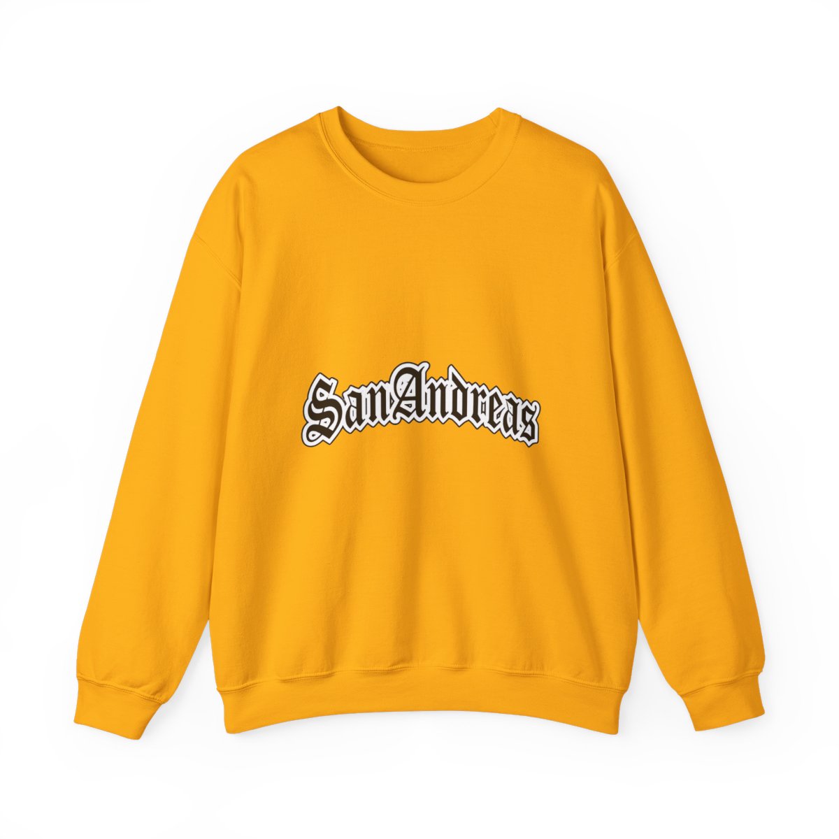 Black Sweatshirts featuring the white text "San Andreas" in a decorative font across the chest. The shirt has short sleeves and a crew neck. A small white tag is visible on the sleeve - Official Sweatshirts merchandise