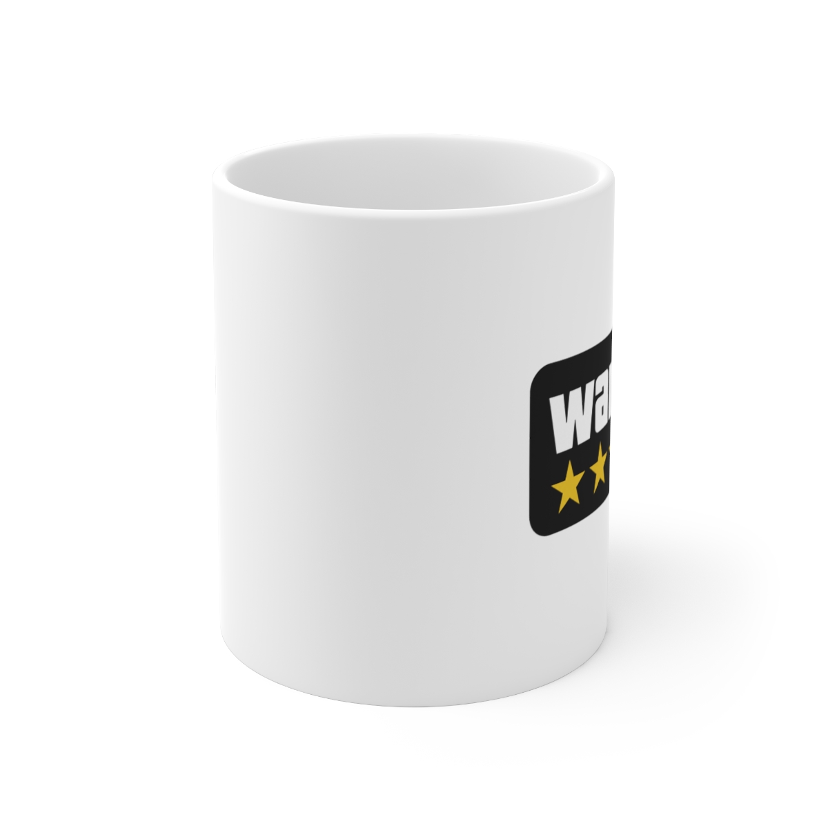 A white ceramic mug with a black handle and the text "But First, Coffee" in a handwritten style. The mug is on a white surface. The mug is approximately 4 inches tall - alternate angle 1, merchandise
