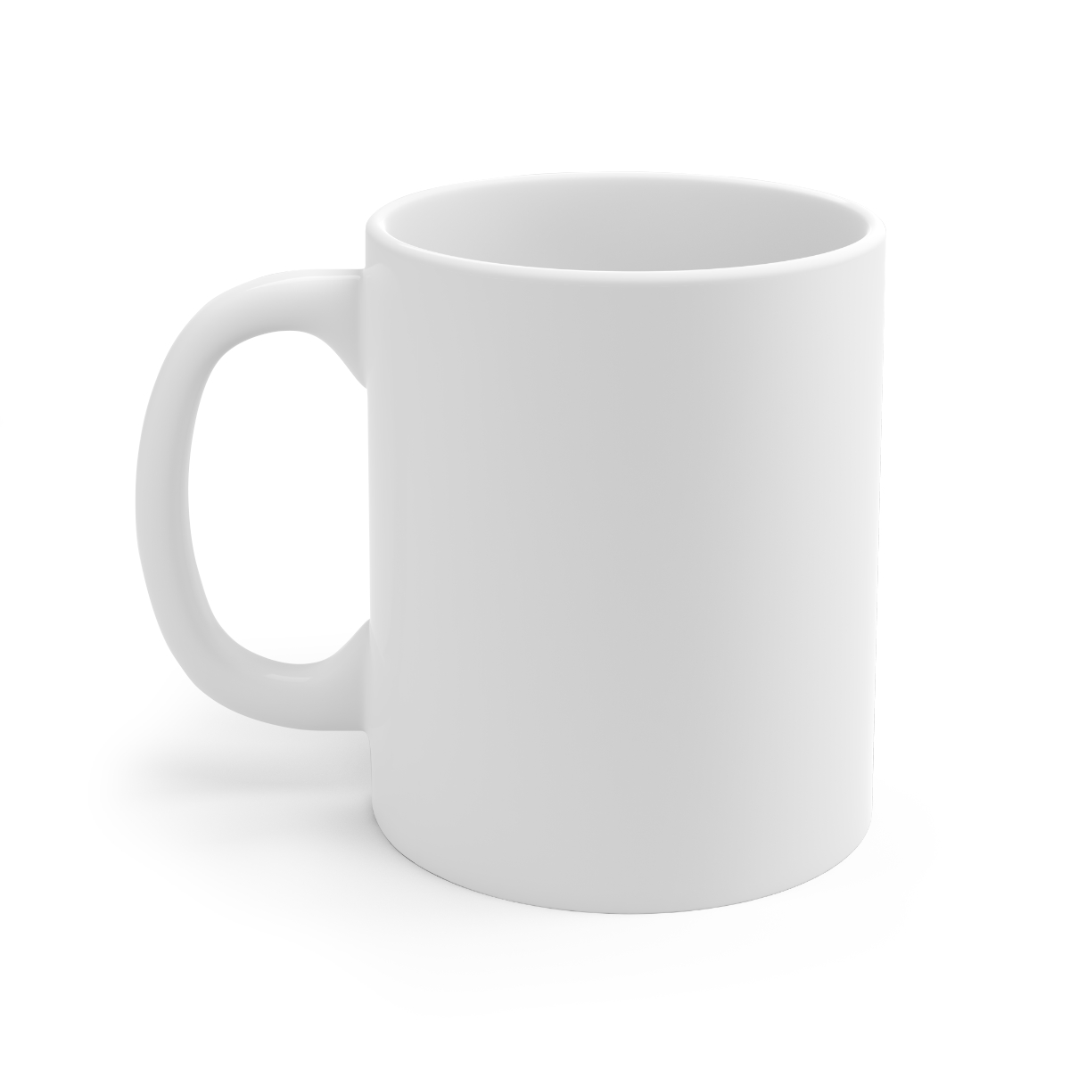 A white ceramic mug with a black handle and the text "But First, Coffee" in a handwritten style. The mug is on a white surface. The mug is approximately 4 inches tall - alternate angle 2, merchandise