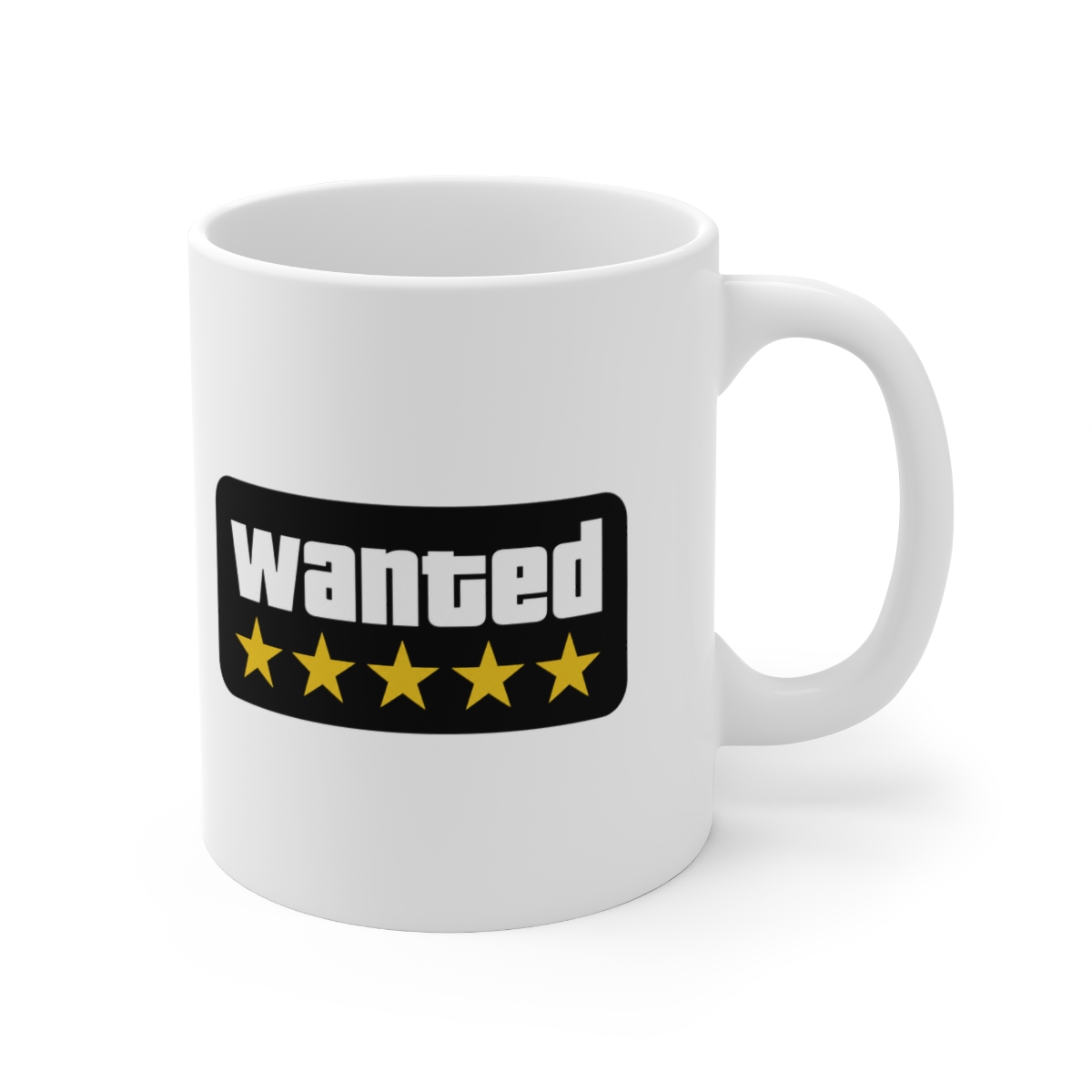 A white ceramic mug with a black handle and the text "But First, Coffee" in a handwritten style. The mug is on a white surface. The mug is approximately 4 inches tall