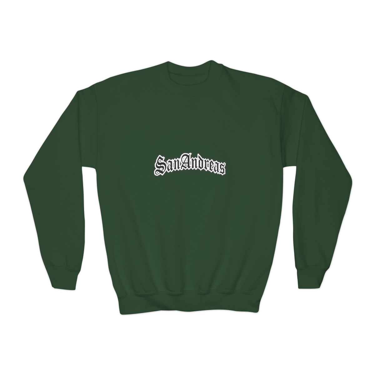 Black Sweatshirts featuring the white text "San Andreas" in a decorative font across the chest. The shirt has short sleeves and a crew neck. A small white tag is visible on the sleeve (Kids) - alternate angle 5, merchandise
