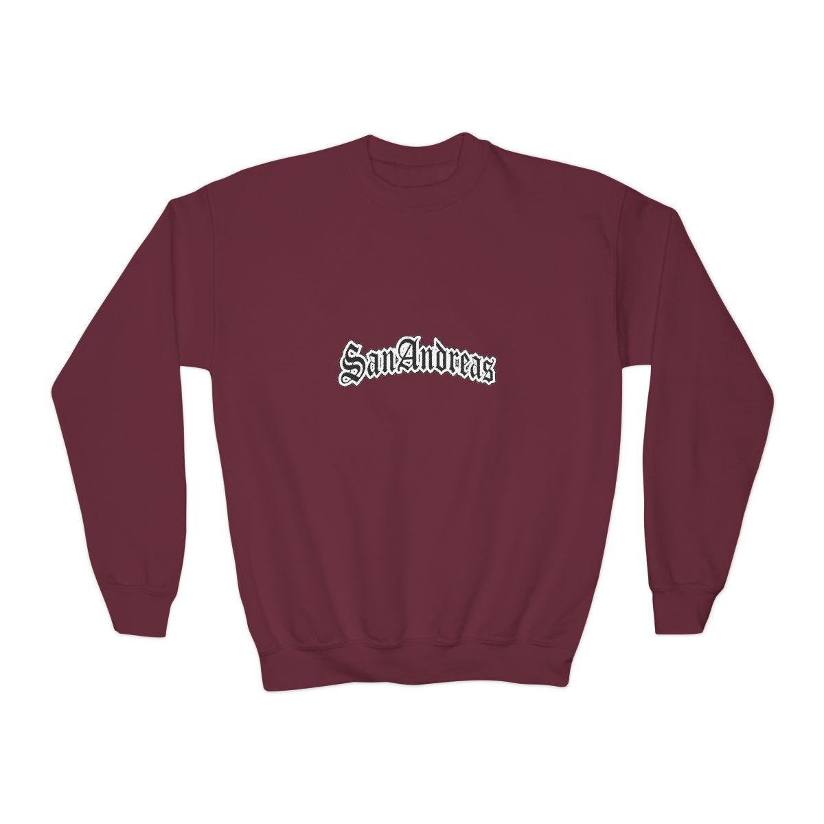 Black Sweatshirts featuring the white text "San Andreas" in a decorative font across the chest. The shirt has short sleeves and a crew neck. A small white tag is visible on the sleeve (Kids) - alternate angle 4, merchandise