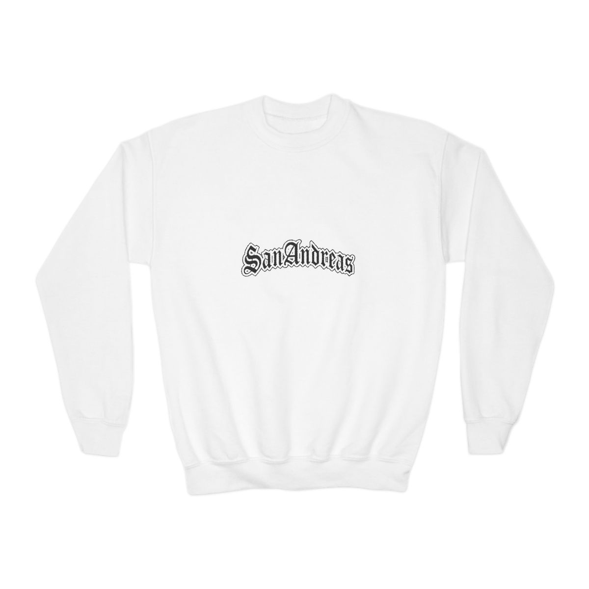 Black Sweatshirts featuring the white text "San Andreas" in a decorative font across the chest. The shirt has short sleeves and a crew neck. A small white tag is visible on the sleeve (Kids) - alternate angle 2, merchandise