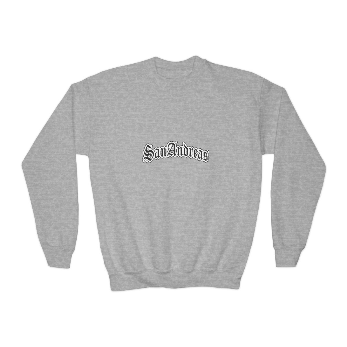 Black Sweatshirts featuring the white text "San Andreas" in a decorative font across the chest. The shirt has short sleeves and a crew neck. A small white tag is visible on the sleeve (Kids) - alternate angle 3, merchandise
