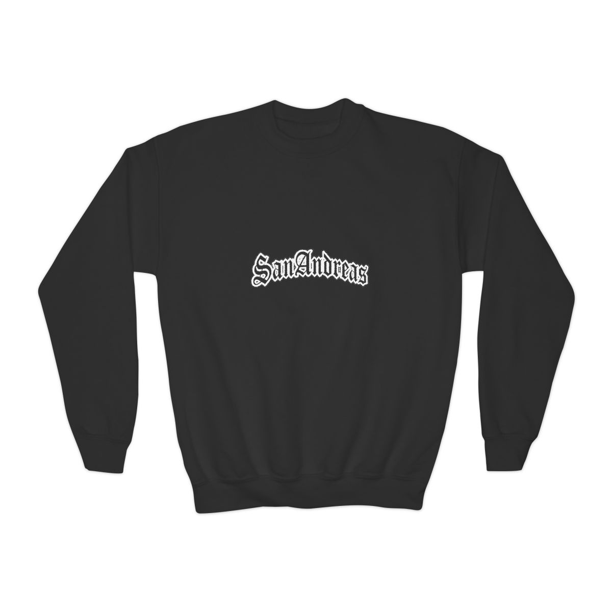 Black Sweatshirts featuring the white text "San Andreas" in a decorative font across the chest. The shirt has short sleeves and a crew neck. A small white tag is visible on the sleeve (Kids)